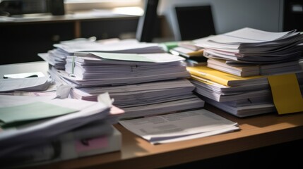 AI-generated illustration of file piles on an office desk near the window