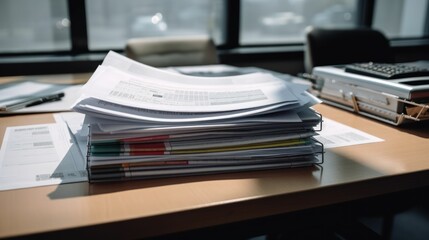 AI-generated illustration of file piles on an office desk near the window