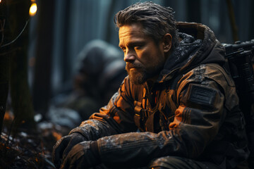 An archer aiming through the sight of a modern compound bow, Generative AI