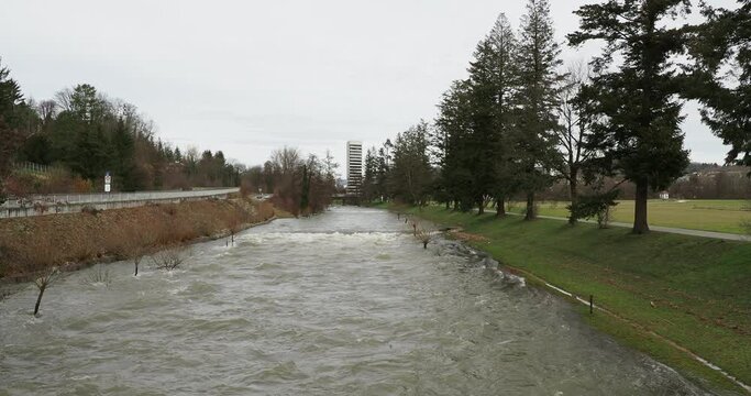 Wiese (Fluss). Reissende Fluten, manchmal &uuml;ber den Ufern zwischen L&ouml;rrach und Riehen 