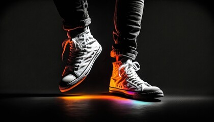 AI generated illustration of a pair of sneakers in neon light on a dark background