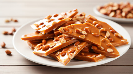 Plate of traditional peanut brittle candy pieces. - obrazy, fototapety, plakaty