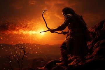 An archer releasing an arrow with a sunset in the background, Generative AI