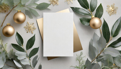 flat lay blank card mock up with Christmas leaves and gold ribbon