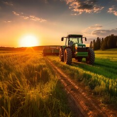 AI generated illustration of a tractor in a field with the sun rising in the background