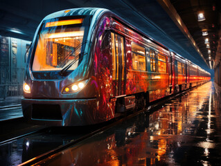 Naklejka premium Transportation in Expressionism: a train travels through a tunnel, with highlight color contrast photography.