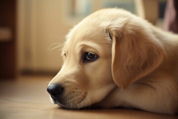 AI-generated image of a closeup of a golden retriever puppy lying on a tiled floor.