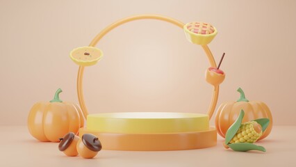 Autumn display podium decoration background with Ingredients according to the autumn season, product display mockup, 3D rendering illustration
