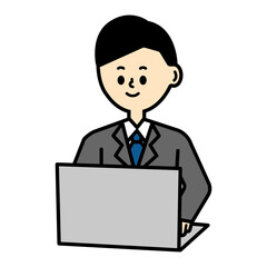 ビジネス　ノートパソコン　パソコン　デスクワーク　男性　可愛い　カットイラスト	