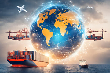 ship in the sea
Global Freight Network Abstract 3D rendering of a global,
Businessman holding digital globe in palm for logistics import export background .
