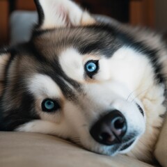 AI generated illustration of an adorable husky with bright blue eyes comfortably lying indoors