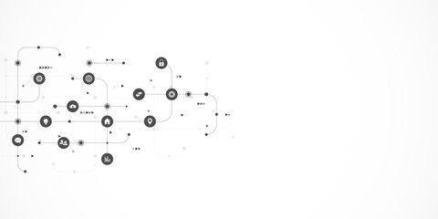 Information technology background with infographic elements and flat icons. Digital technology, network connection and communication concept. Vector illustration