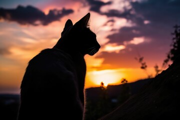 AI generated illustration of a silhouette of a cat during the sunset in the evening