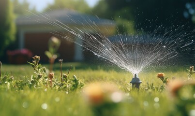 Sprinkler Spraying Water on Green Lawn