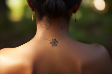 Close up of a small nightshade flower tattoo inside a circle on a back of the neck of a woman. A delicate and feminine design. - obrazy, fototapety, plakaty
