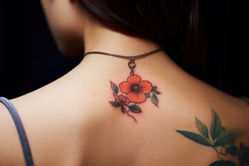 Close up of a small nightshade flower tattoo inside a circle on a back of the neck of a woman. A delicate and feminine design. - obrazy, fototapety, plakaty