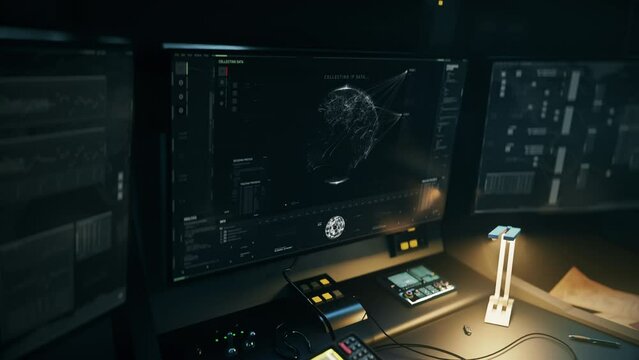 Hacker is searching for the target ip signal by following the traceable code. Hacker is following the code coordinates. Hacker is following the tracked code to identify the exact location of a target.