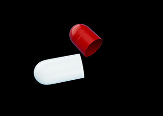 3d Red And White Open Pharmaceutical Antibiotic Capsule Isolated On Black Background 3d Illustration