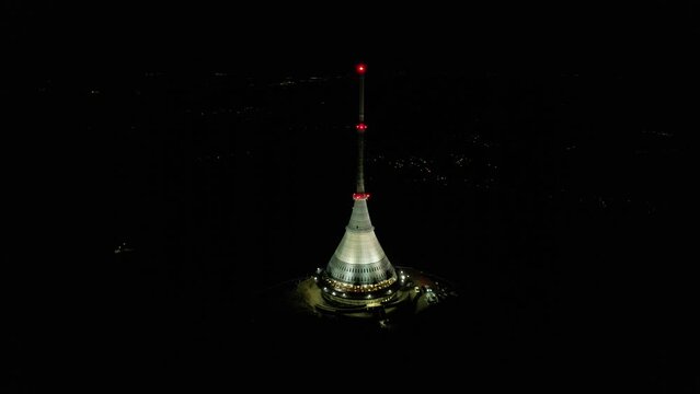 aerial panorama view of space shuttle like transmitter lookout tower and hotel,night view,Liberec,Jested,Czechia,Europe.Landscape view of architecture monument