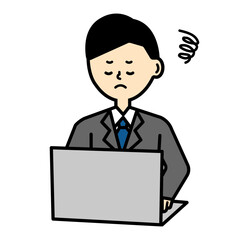 ビジネス　ノートパソコン　パソコン　デスクワーク　男性　可愛い　困る　カットイラスト	
