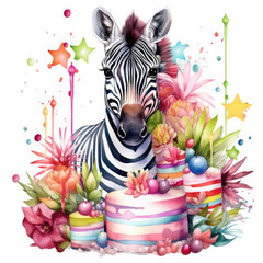 Zebra and birthday party Illustration, Generative Ai