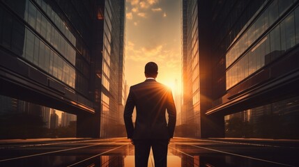 City and tall condominiums with businessmen looking at the sunset in the background