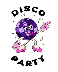 Retro style print design with disco ball cartoon character and lettering in groovy style. Hand drawn funny female character and slogan Disco Party. Vintage dancing concept illustration