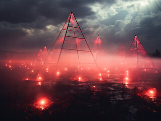 Neon triangles in red clouds.
