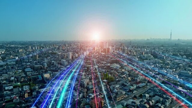 Bands of light running through a modern city. Road to tomorrow.
