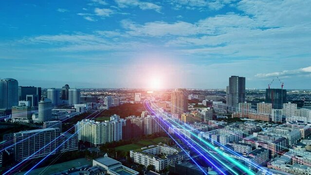都市風景と未来へと伸びる光の帯