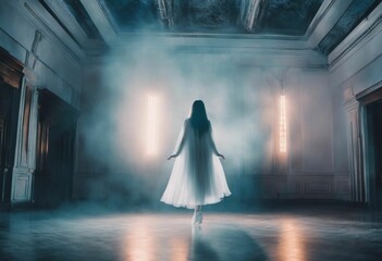 AI generated illustration of a woman wearing a white dress alone in a large empty building