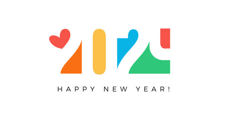 Colorful Minimalist Design with Geometric Shapes, Heartfelt Style. Contemporary 2024 New Year Celebration for Cards, Invitations, and Calendar Logo. Vector illustration.