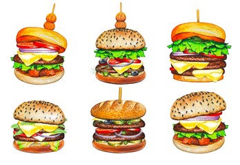 Set with hand drawn burgers, watercolor food illustration.