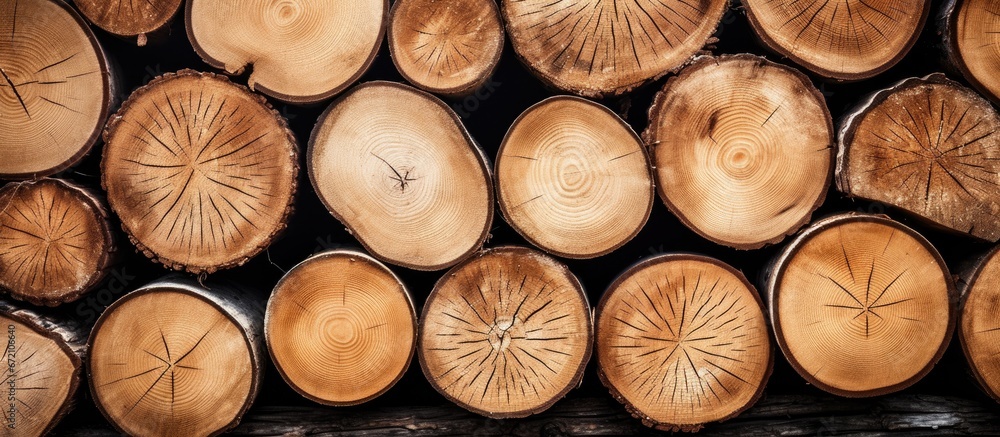 Poster forest with a heap of unprocessed tree wood a pattern of stacked tree logs in the background of the 