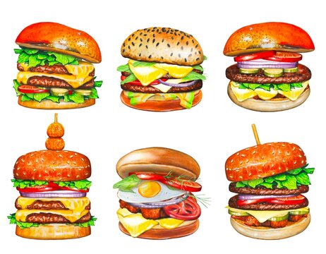 Set with hand drawn burgers, watercolor food illustration.