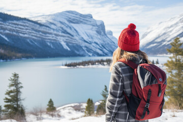 Rear view of a stylish girl, with a backpack and jacket, looking at the mountains and the lake, relaxing in the winter nature, Canada