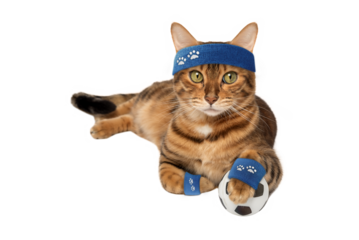 The cat is a fitness trainer, a sports cat with dumbbells and a ball