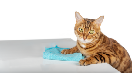 The cat wipes the table with a microfiber cloth.