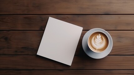 Top view of blank notebook, pen, black coffee on rough wooden table, study concept