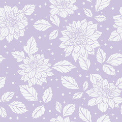 Pastel purple detailed floral vector pattern with dots, stars and hand drawn dahlia illustrations, magical seamless repeat background with flowers, cute wallpaper design.