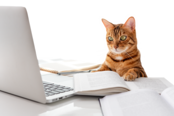 The cat sits at the table and looks at the laptop.