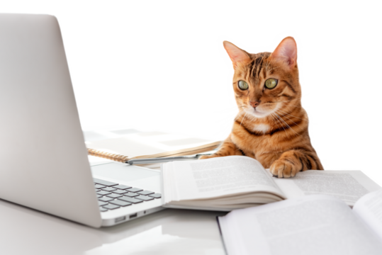 The cat sits at the table and looks at the laptop.