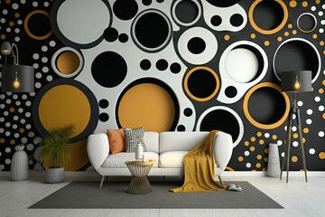 AI generated illustration of an abstract room design with circular patterns on the wall