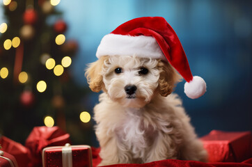 White Multipoo puppy in a Santa hat near a Christmas tree with gifts