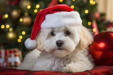 White Multipoo puppy lies in a Santa hat near a Christmas tree with gifts