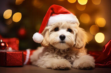 Brown Multipoo Puppy lies in a Santa hat with gifts on the background of a Christmas tree