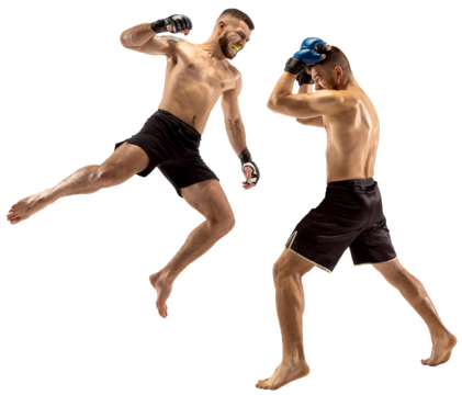 MMA. Two professional fighters punching, boxing isolated transparent background. Fit muscular caucasian athletes, boxers fighting. Sport, competition, excitement and strength