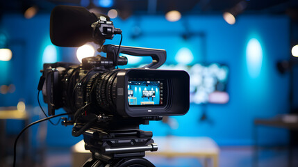 Modern video camera with a digital display recording an interview in a TV show studio. Blurry background. Mass media, television, and technology concepts. Behind the scenes of making of movie and TV