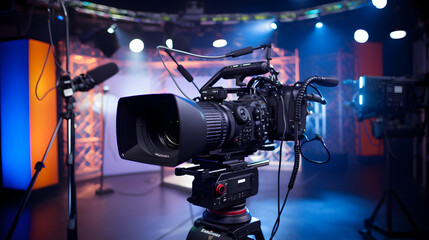 Modern video camera with a digital display recording an interview in a TV show studio. Blurry background. Mass media, television, and technology concepts. Behind the scenes of making of movie and TV