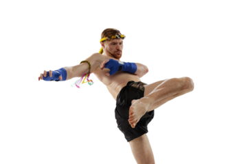 Portrait of professional thai boxer practicing isolated transparent background. Sport, muay thai, competition, fight club concept. Strong, muscled sportsman training, preparing for competition